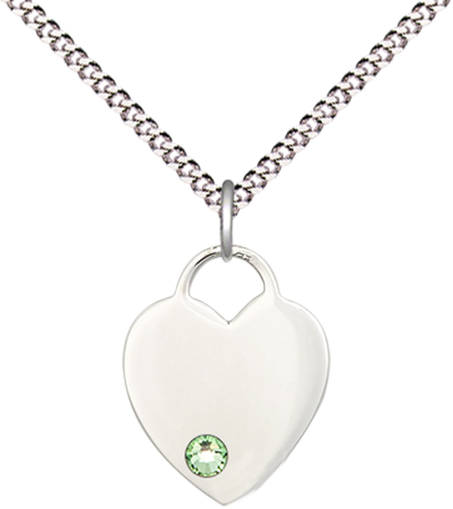 Sterling Silver Heart Pendant with a 3mm Peridot Swarovski stone on a 18 inch Light Rhodium Light Curb chain