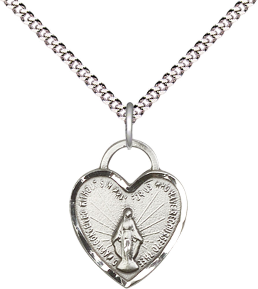 Sterling Silver Miraculous Heart Pendant on a 18 inch Light Rhodium Light Curb chain