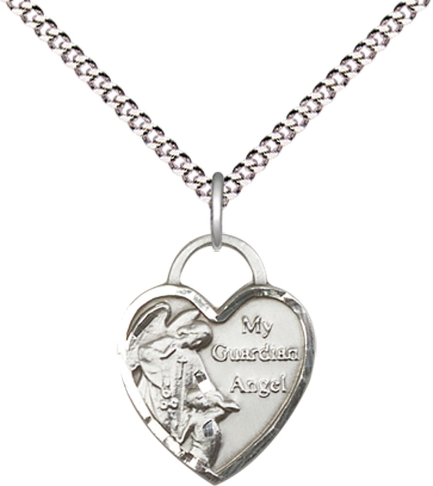 Sterling Silver Guardian Angel Heart Pendant on a 18 inch Light Rhodium Light Curb chain