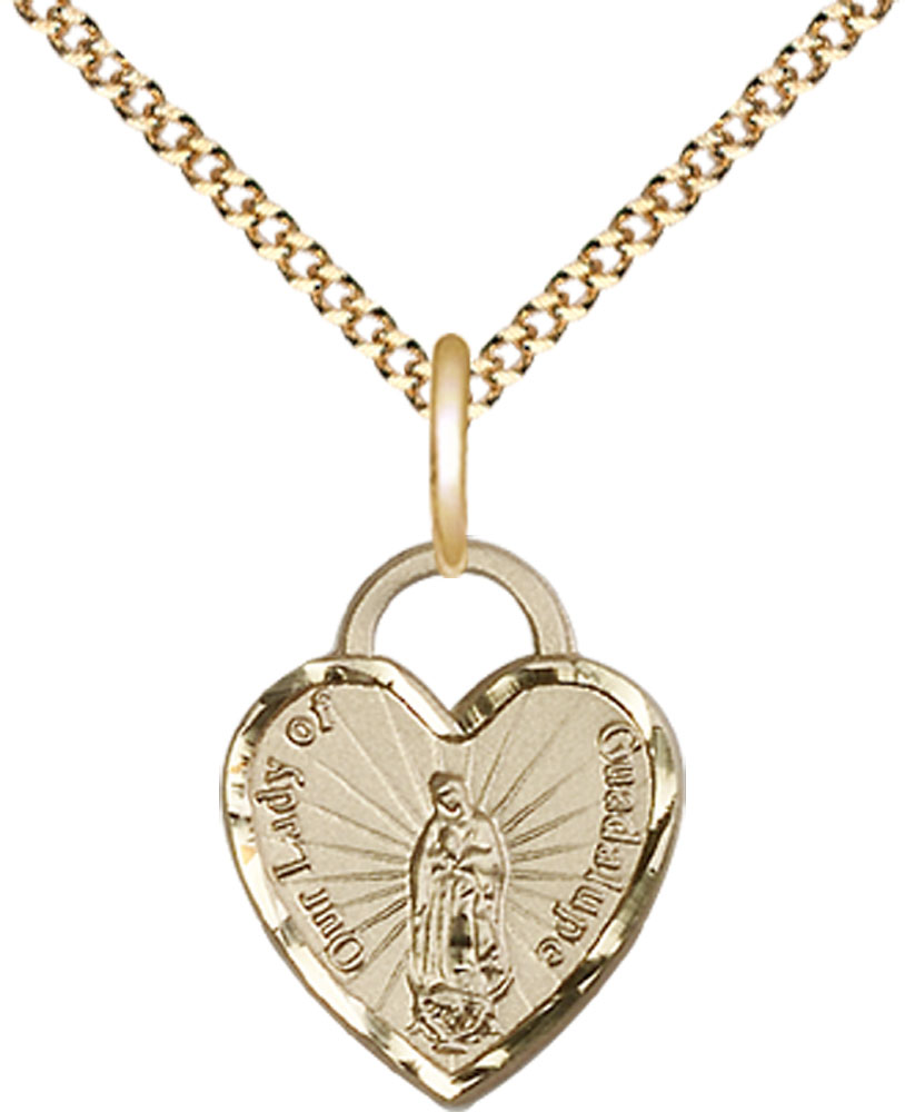 14kt Gold Filled Our Lady of Guadalupe Heart Pendant on a 18 inch Gold Plate Light Curb chain