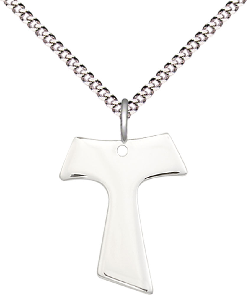 Sterling Silver Tau Cross Pendant on a 18 inch Light Rhodium Light Curb chain