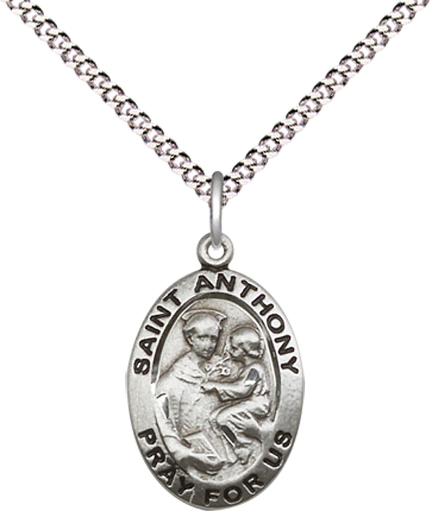 Sterling Silver Saint Anthony of Padua Pendant on a 18 inch Light Rhodium Light Curb chain