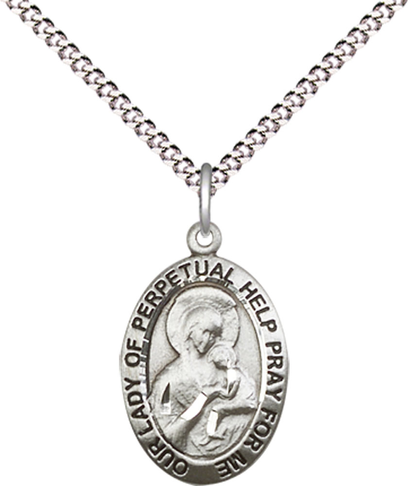 Sterling Silver Our Lady of Perpetual Help Pendant on a 18 inch Light Rhodium Light Curb chain