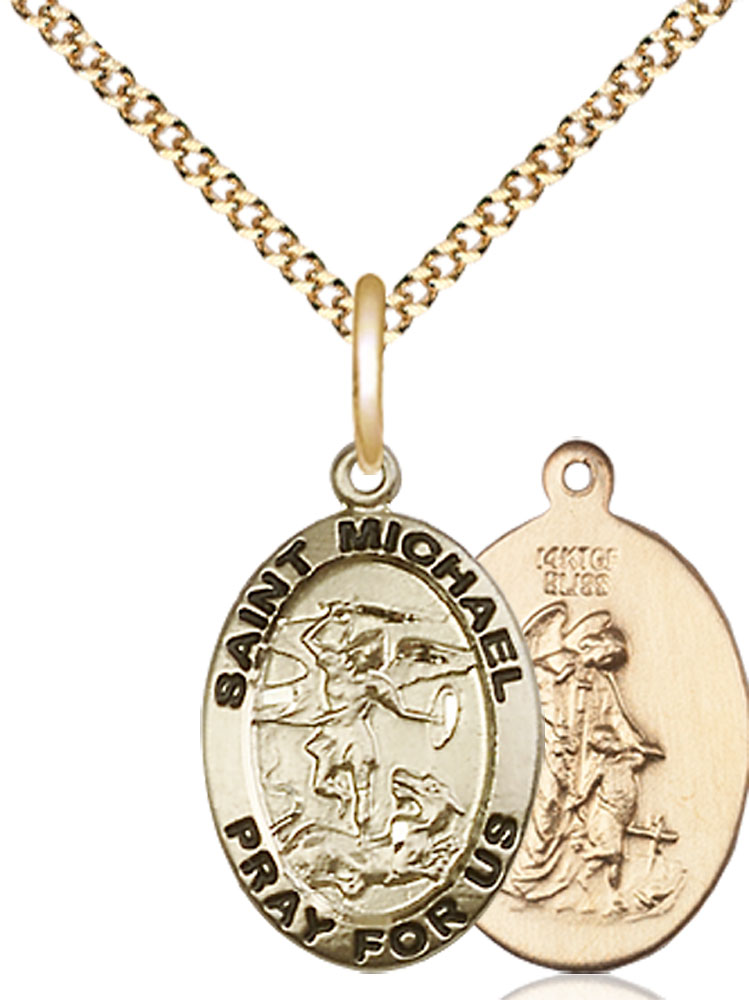 14kt Gold Filled Saint Michael the Archangel Pendant on a 18 inch Gold Plate Light Curb chain