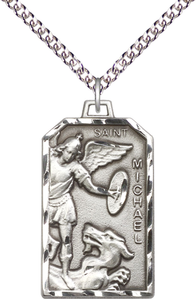Sterling Silver Saint Michael the Archangel Pendant on a 24 inch Sterling Silver Heavy Curb chain