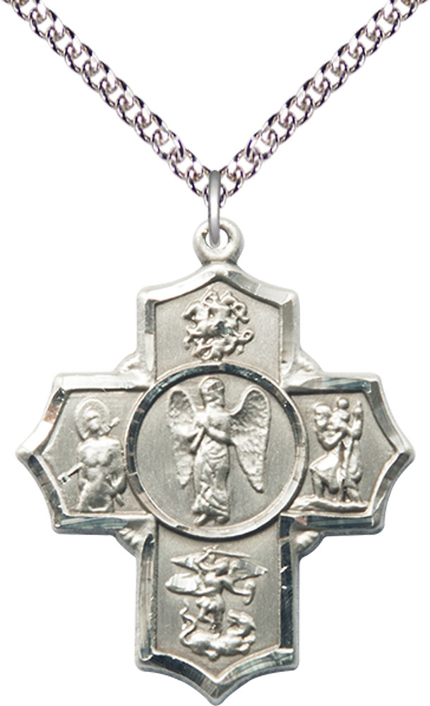 Sterling Silver Warrior 5-Way Pendant on a 24 inch Sterling Silver Heavy Curb chain