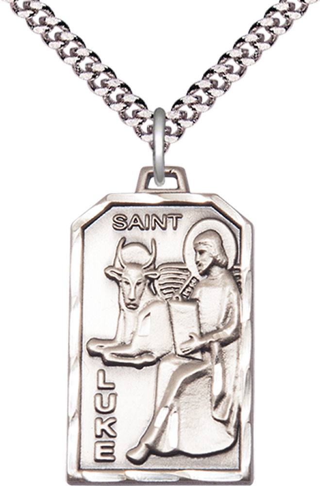 Sterling Silver Saint Luke the Apostle Pendant on a 24 inch Light Rhodium Heavy Curb chain