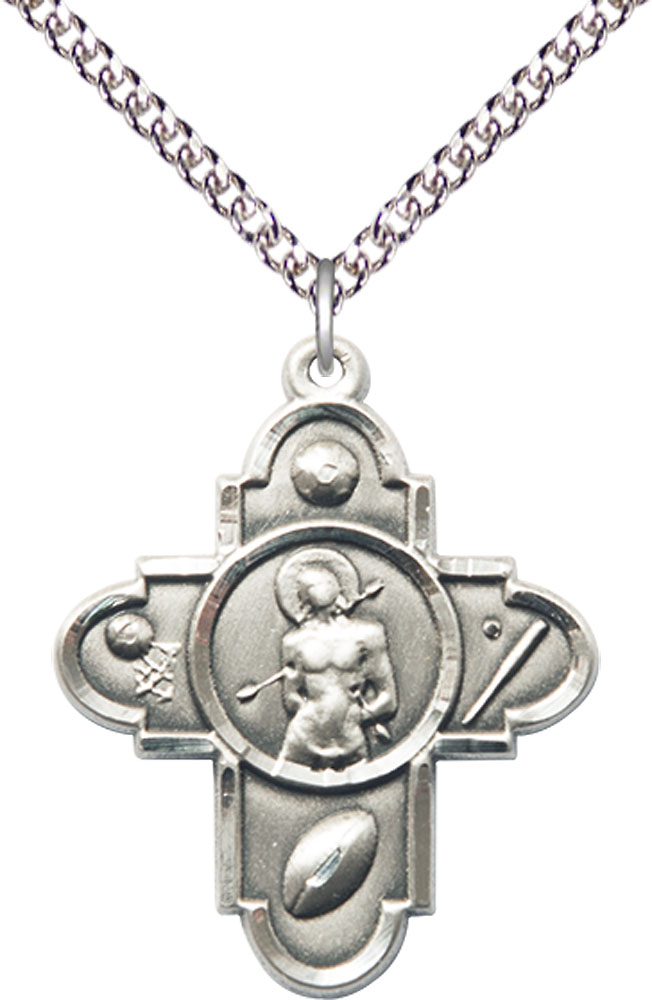 Sterling Silver 5-Way St Sebastian Pendant on a 24 inch Sterling Silver Heavy Curb chain