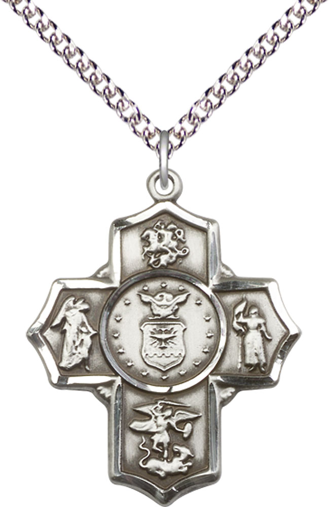 Sterling Silver 5-Way Air Force Pendant on a 24 inch Sterling Silver Heavy Curb chain