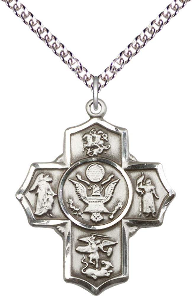 Sterling Silver 5-Way Army Pendant on a 24 inch Sterling Silver Heavy Curb chain