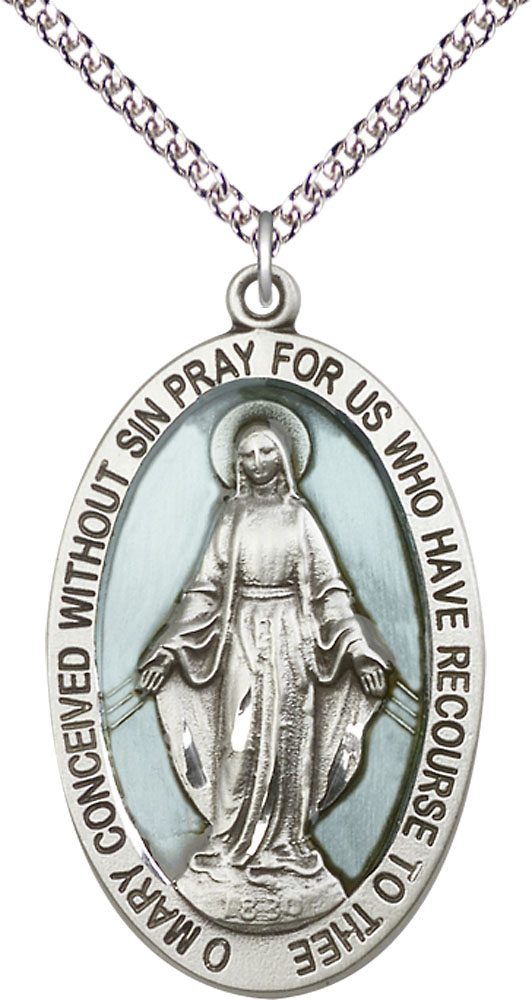 Sterling Silver Miraculous Pendant on a 24 inch Sterling Silver Heavy Curb chain