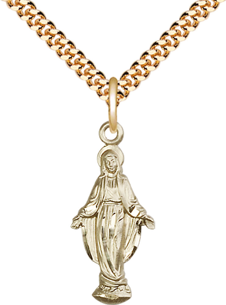14kt Gold Filled Miraculous Pendant on a 24 inch Gold Plate Heavy Curb chain