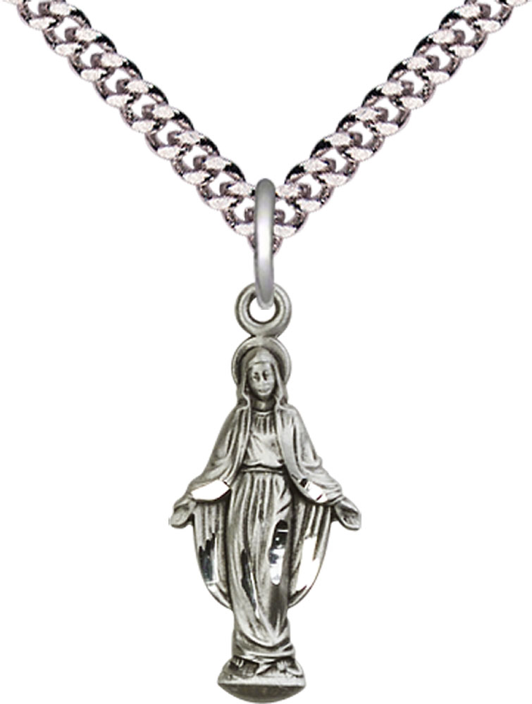 Sterling Silver Miraculous Pendant on a 24 inch Light Rhodium Heavy Curb chain