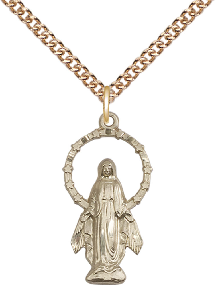 14kt Gold Filled Miraculous Pendant on a 24 inch Gold Filled Heavy Curb chain