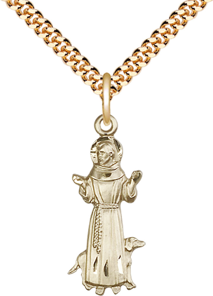 14kt Gold Filled Saint Francis Pendant on a 24 inch Gold Plate Heavy Curb chain