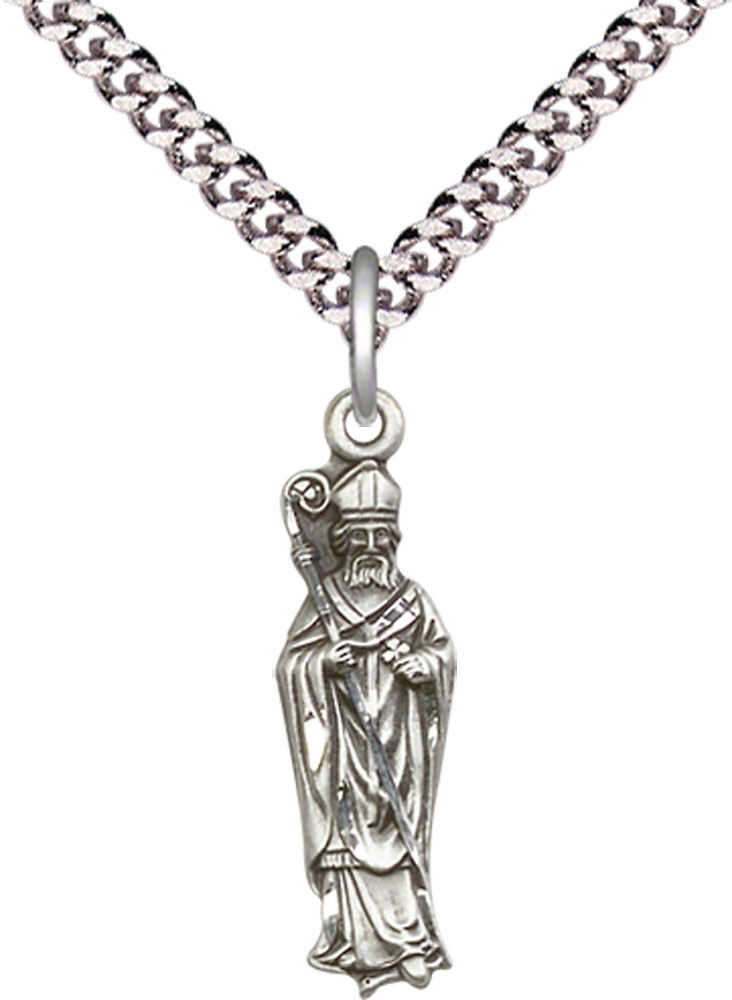 Sterling Silver Saint Patrick Pendant on a 24 inch Light Rhodium Heavy Curb chain