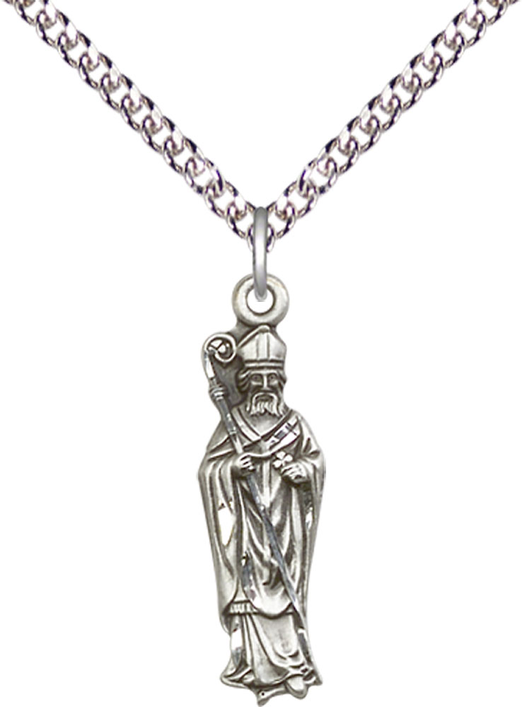 Sterling Silver Saint Patrick Pendant on a 24 inch Sterling Silver Heavy Curb chain