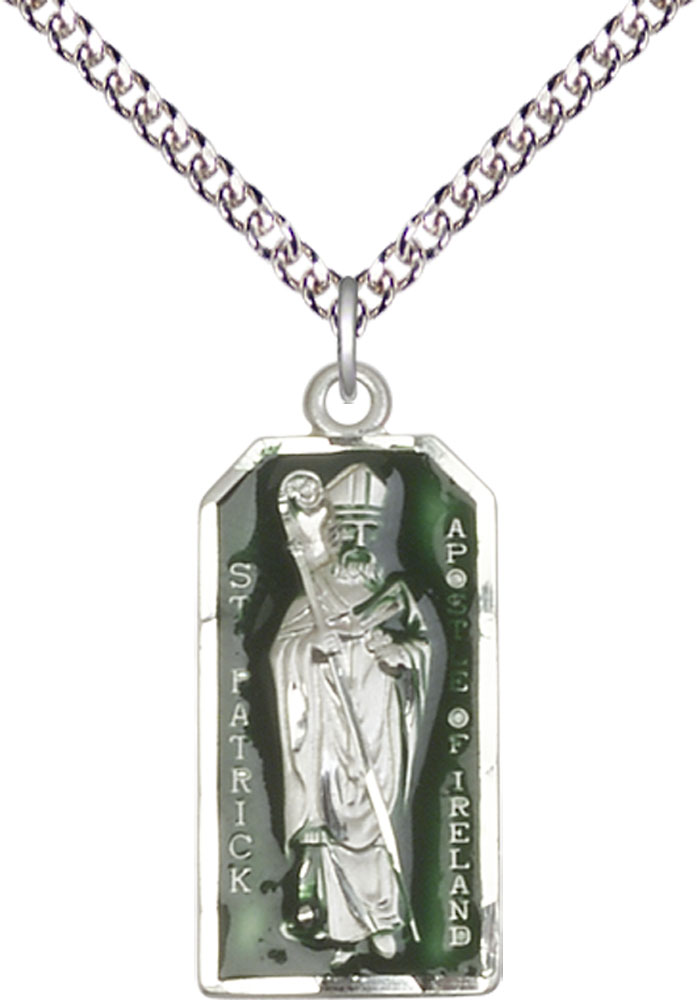 Sterling Silver Saint Patrick Pendant on a 24 inch Sterling Silver Heavy Curb chain