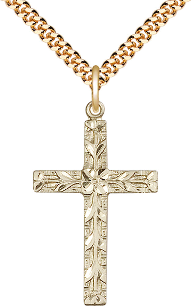 14kt Gold Filled Cross Pendant on a 24 inch Gold Plate Heavy Curb chain