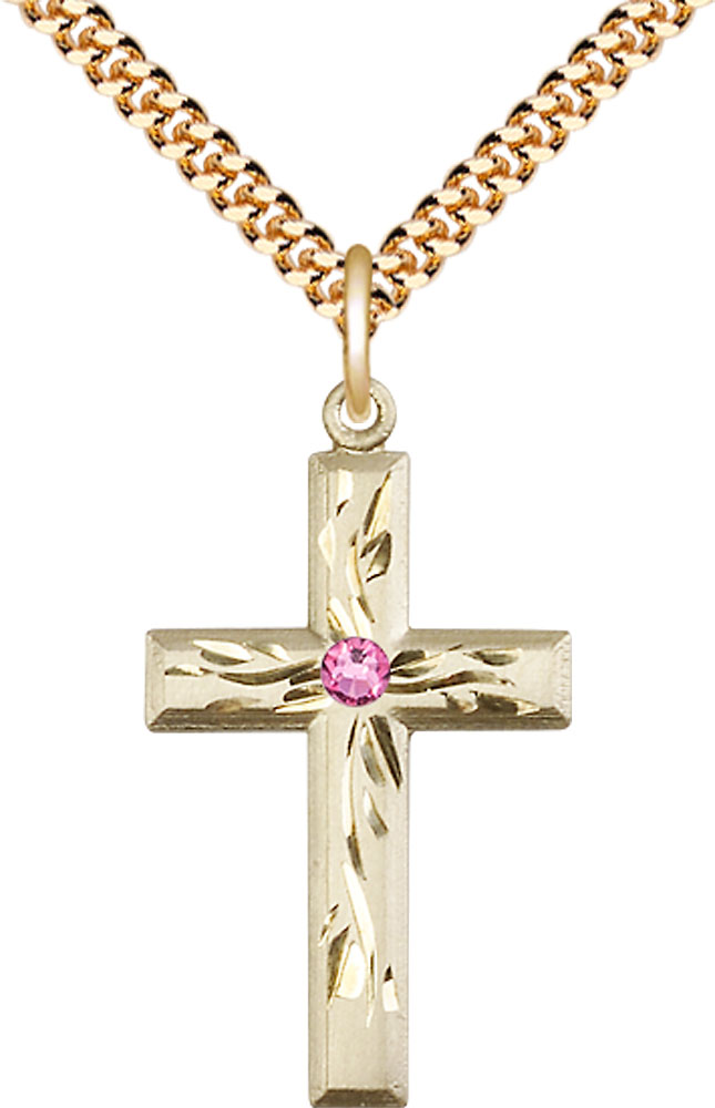 14kt Gold Filled Cross Pendant with a 3mm Rose Swarovski stone on a 24 inch Gold Plate Heavy Curb chain