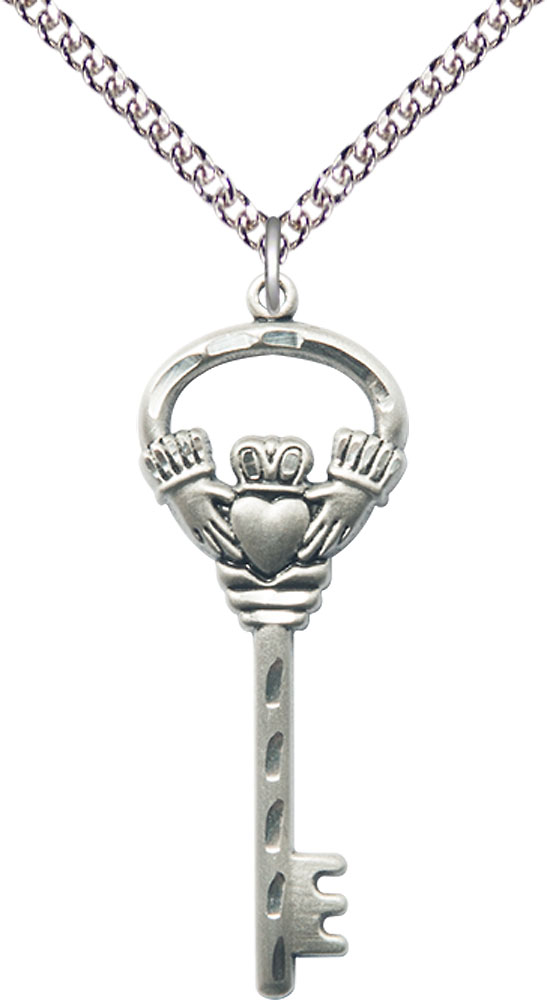 Sterling Silver Key w/Claddagh Pendant on a 24 inch Sterling Silver Heavy Curb chain
