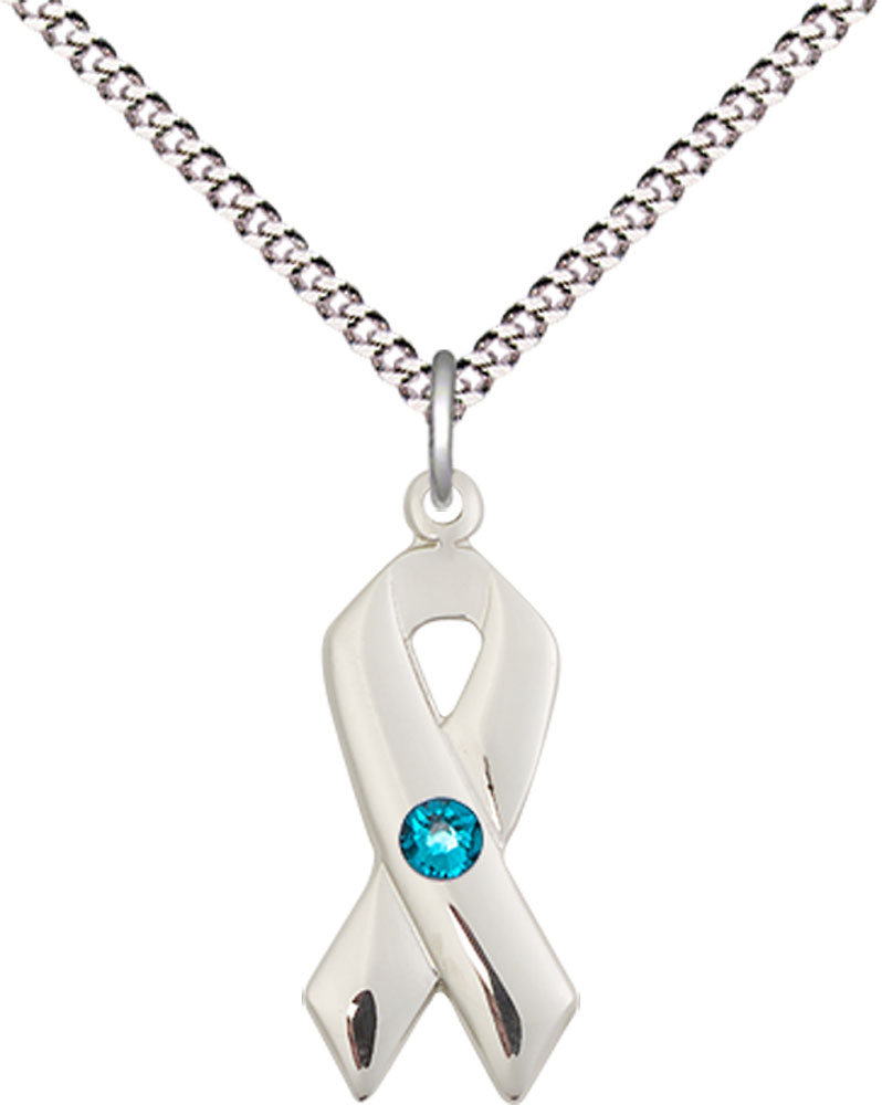 Sterling Silver Cancer Awareness Pendant with a 3mm Zircon Swarovski stone on a 18 inch Light Rhodium Light Curb chain