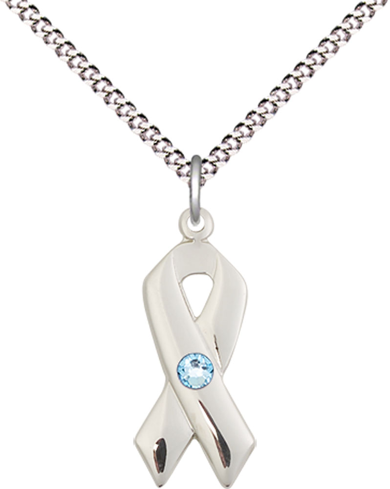 Sterling Silver Cancer Awareness Pendant with a 3mm Aqua Swarovski stone on a 18 inch Light Rhodium Light Curb chain