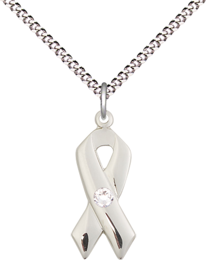 Sterling Silver Cancer Awareness Pendant with a 3mm Crystal Swarovski stone on a 18 inch Light Rhodium Light Curb chain