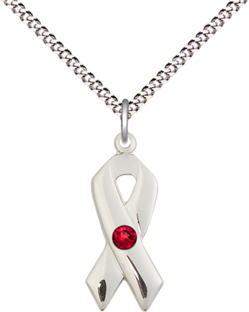 Sterling Silver Cancer Awareness Pendant with a 3mm Ruby Swarovski stone on a 18 inch Light Rhodium Light Curb chain