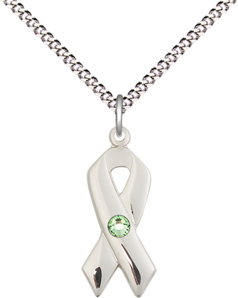 Sterling Silver Cancer Awareness Pendant with a 3mm Peridot Swarovski stone on a 18 inch Light Rhodium Light Curb chain