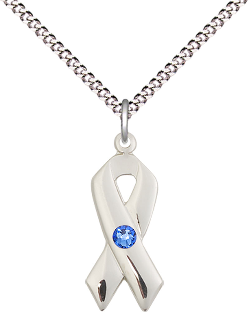 Sterling Silver Cancer Awareness Pendant with a 3mm Sapphire Swarovski stone on a 18 inch Light Rhodium Light Curb chain