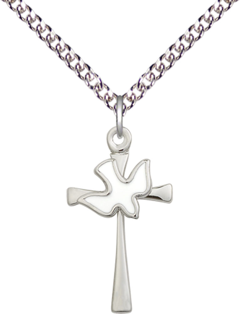 Sterling Silver Cross / Holy Spirit Pendant on a 24 inch Sterling Silver Heavy Curb chain
