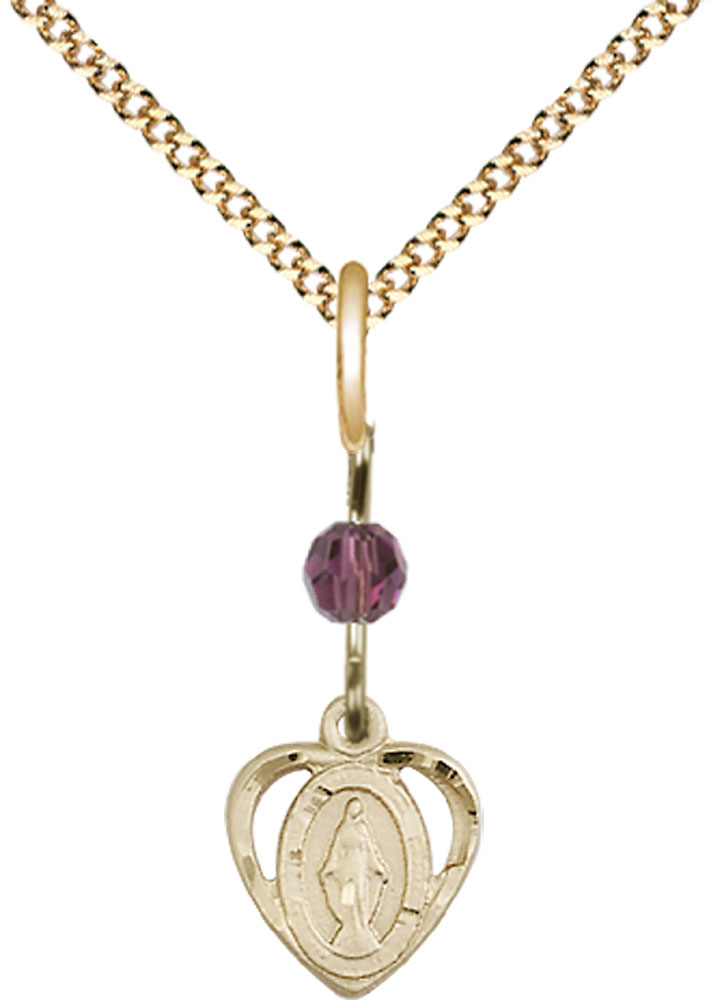 14kt Gold Filled Miraculous Pendant with an Amethyst bead on a 18 inch Gold Plate Light Curb chain
