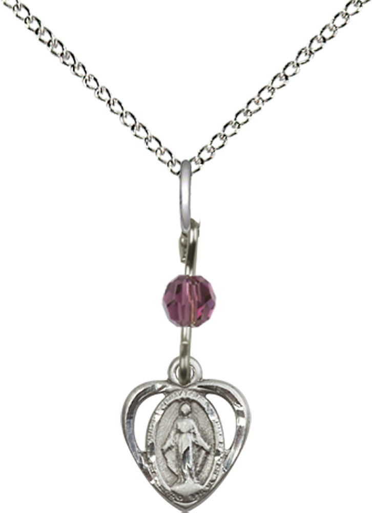 Sterling Silver Miraculous Pendant with an Amethyst bead on a 18 inch Sterling Silver Light Curb chain