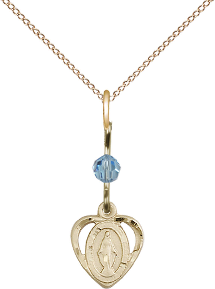 14kt Gold Filled Miraculous Pendant with an Aqua bead on a 18 inch Gold Filled Light Curb chain