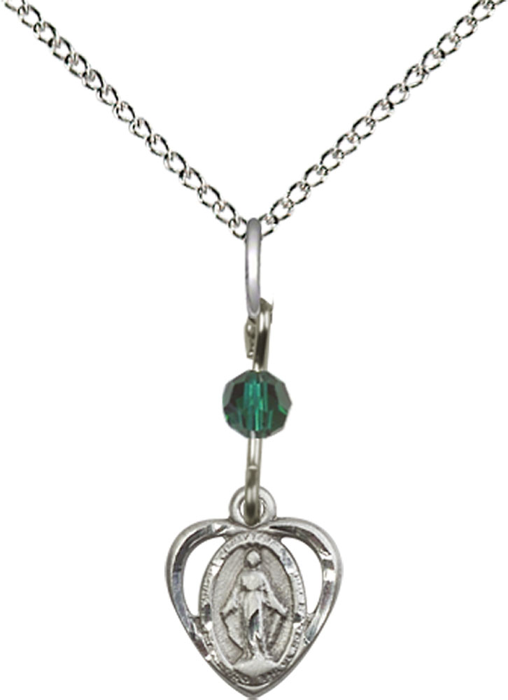Sterling Silver Miraculous Pendant with a Emerald bead on a 18 inch Sterling Silver Light Curb chain
