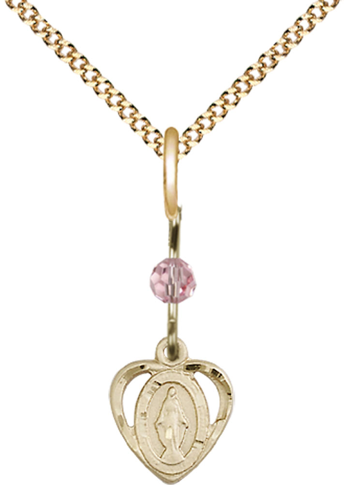 14kt Gold Filled Miraculous Pendant with a Light Rose bead on a 18 inch Gold Plate Light Curb chain