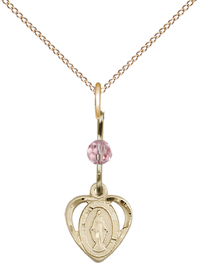 14kt Gold Filled Miraculous Pendant with a Light Rose bead on a 18 inch Gold Filled Light Curb chain