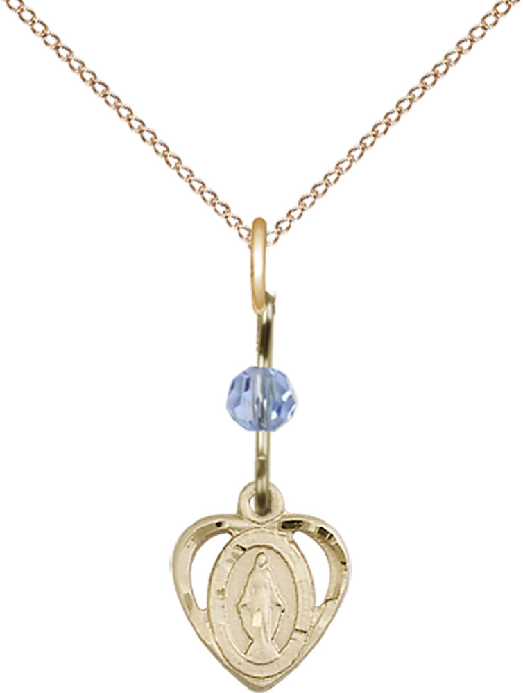 14kt Gold Filled Miraculous Pendant with a Light Sapphire bead on a 18 inch Gold Filled Light Curb chain