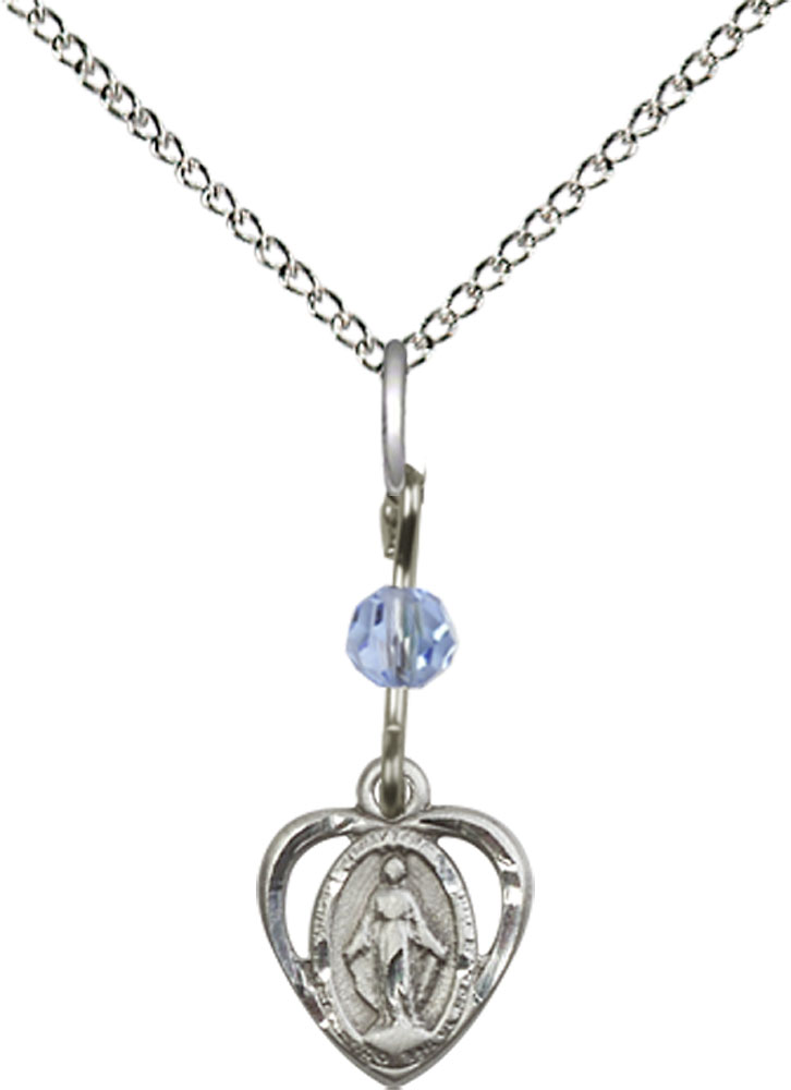 Sterling Silver Miraculous Pendant with a Light Sapphire bead on a 18 inch Sterling Silver Light Curb chain