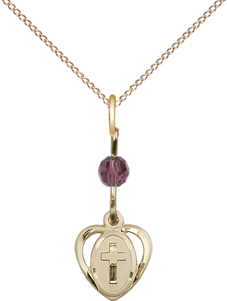 14kt Gold Filled Heart Cross Pendant with an Amethyst bead on a 18 inch Gold Filled Light Curb chain