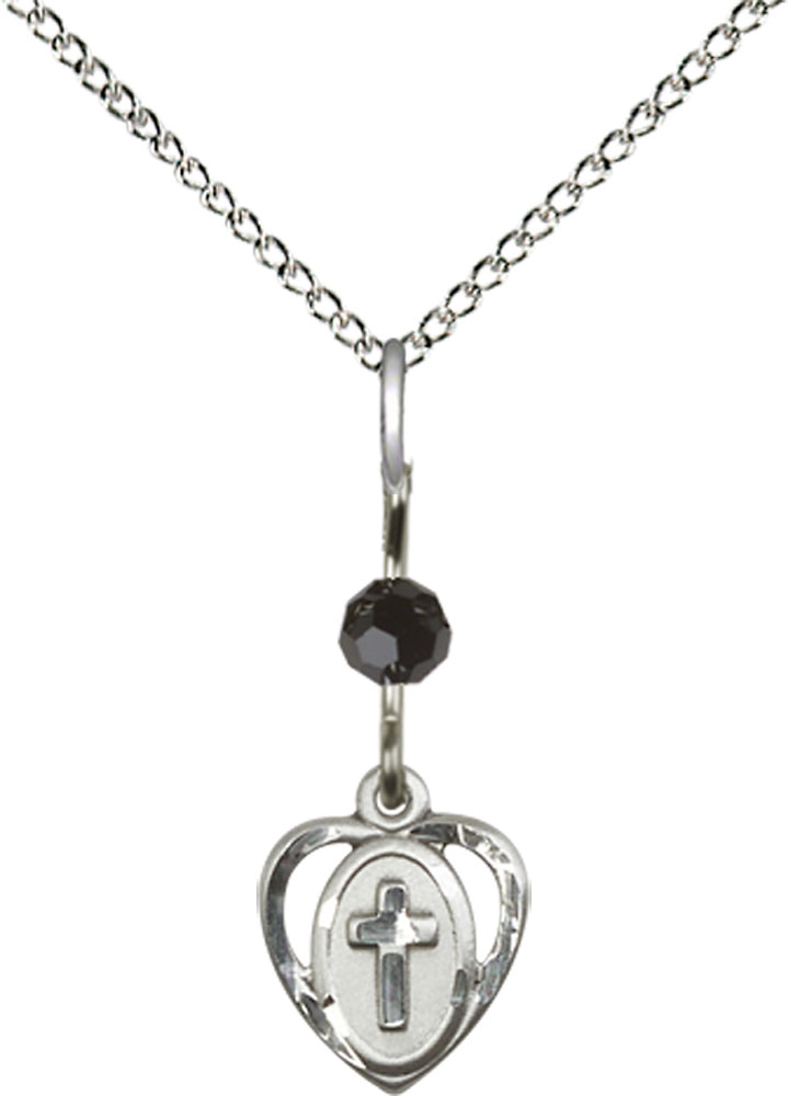Sterling Silver Heart Cross Pendant with a Black bead on a 18 inch Sterling Silver Light Curb chain