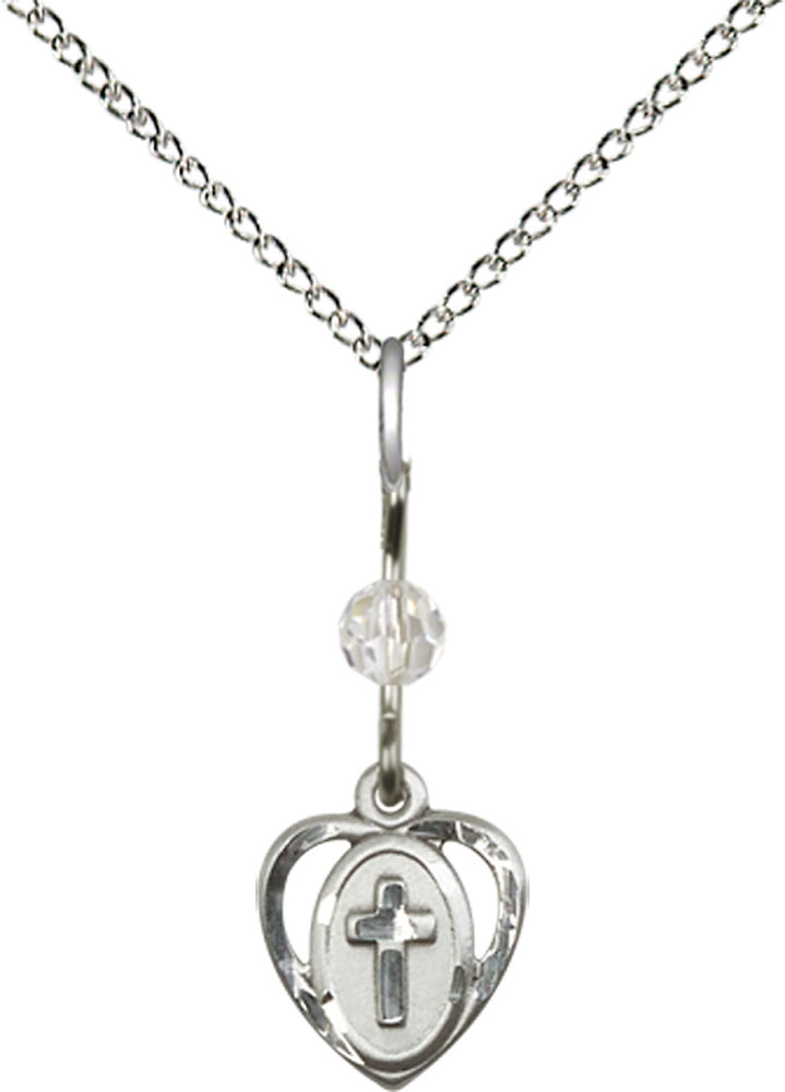 Sterling Silver Heart Cross Pendant with a Crystal bead on a 18 inch Sterling Silver Light Curb chain