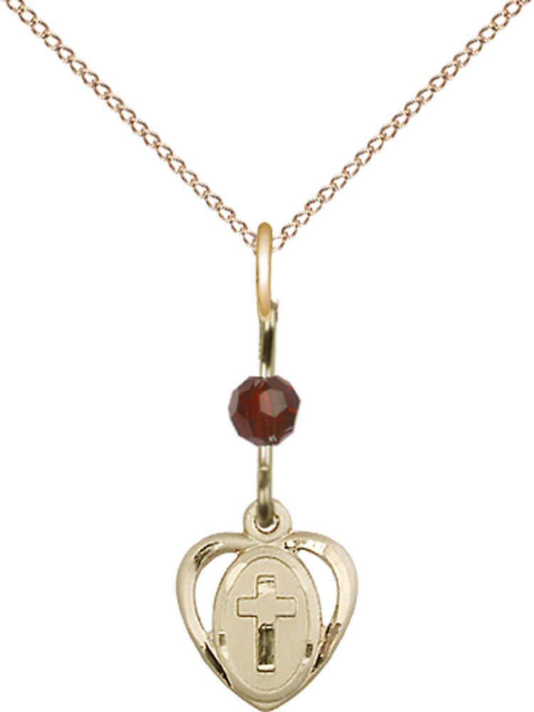 14kt Gold Filled Heart Cross Pendant with a Garnet bead on a 18 inch Gold Filled Light Curb chain