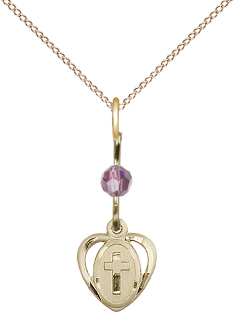 14kt Gold Filled Heart Cross Pendant with a Light Amethyst bead on a 18 inch Gold Filled Light Curb chain