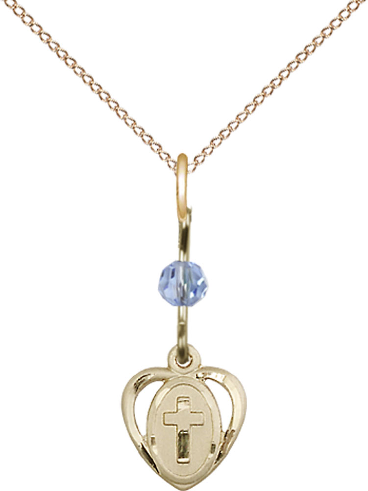 14kt Gold Filled Heart Cross Pendant with a Light Sapphire bead on a 18 inch Gold Filled Light Curb chain