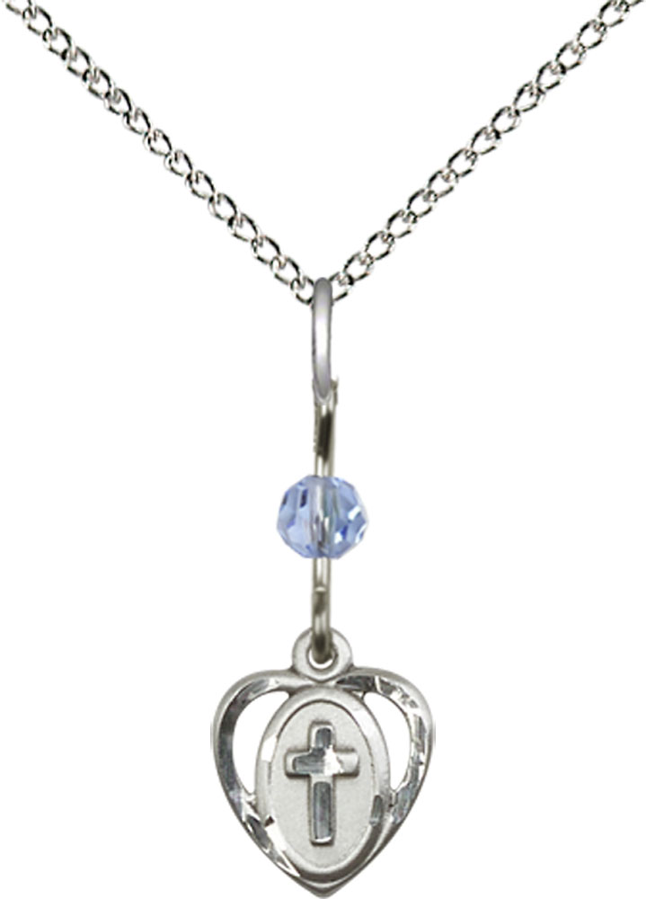 Sterling Silver Heart Cross Pendant with a Light Sapphire bead on a 18 inch Sterling Silver Light Curb chain