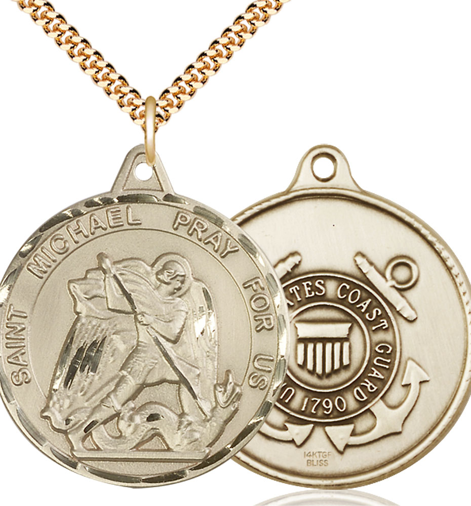 14kt Gold Filled Saint Michael Coast Guard Pendant on a 24 inch Gold Plate Heavy Curb chain