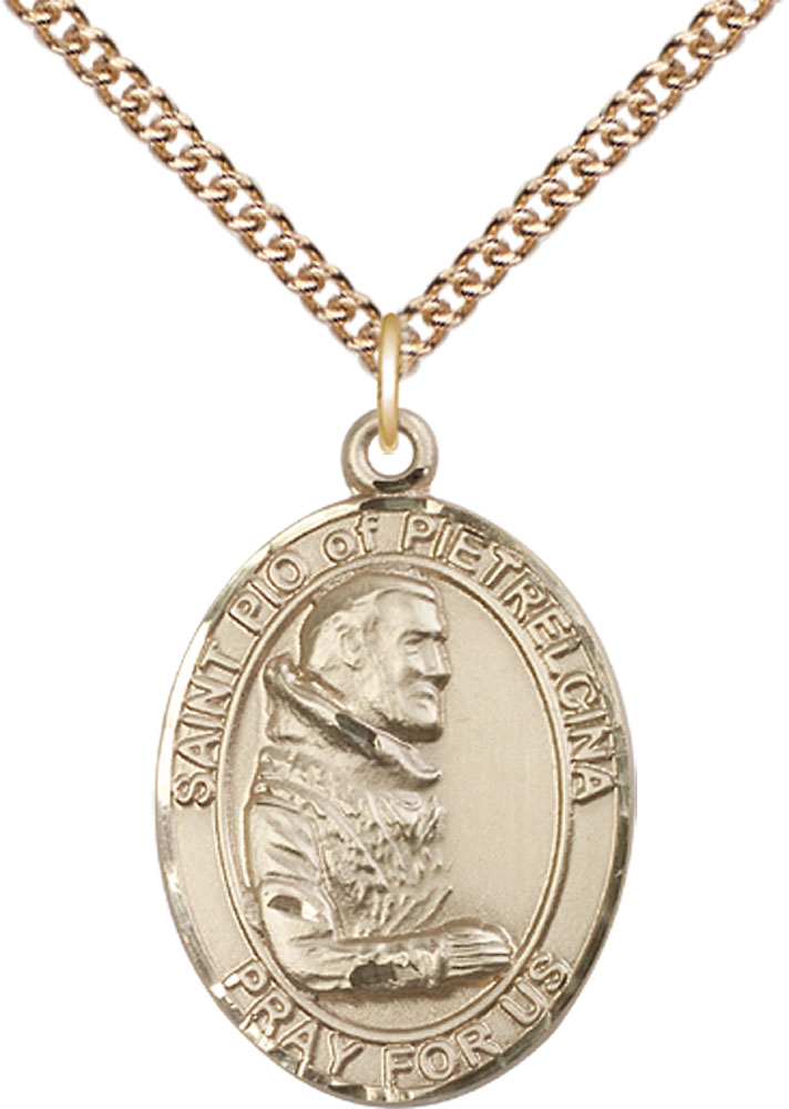 14kt Gold Filled Saint Pio of Pietrelcina Pendant on a 24 inch Gold Filled Heavy Curb chain