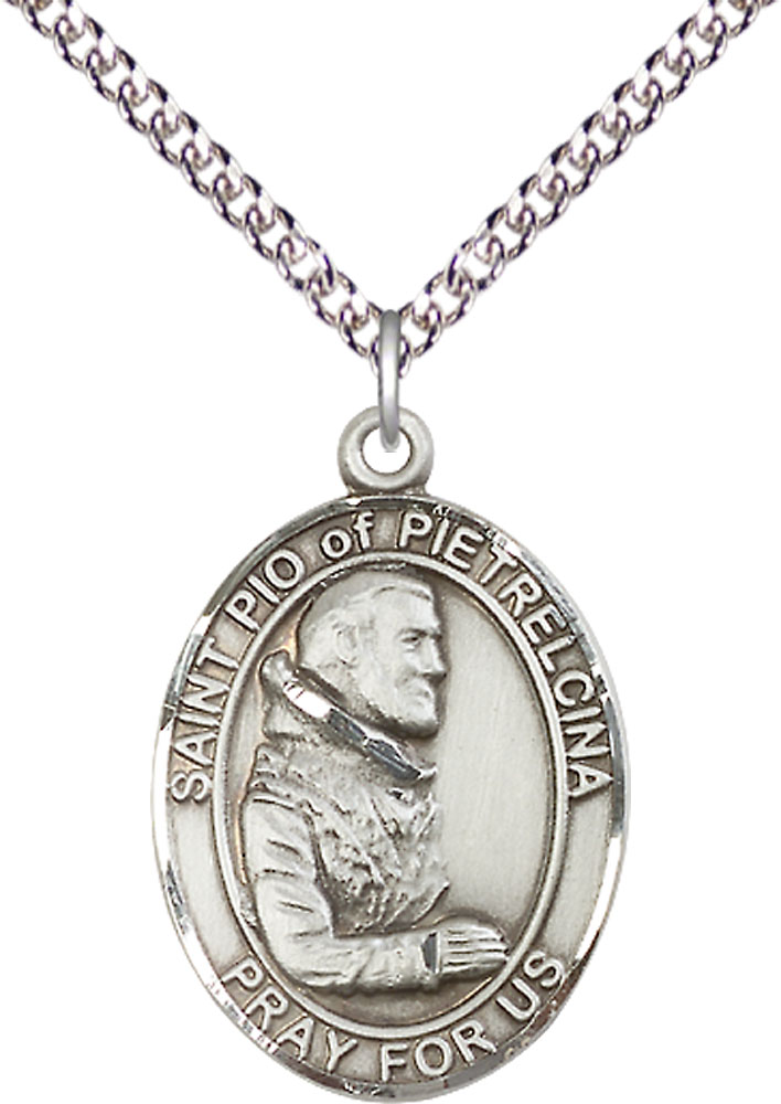 Sterling Silver Saint Pio of Pietrelcina Pendant on a 24 inch Sterling Silver Heavy Curb chain